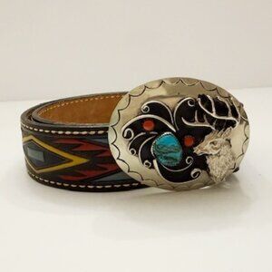 Torel Top Grain Leather Cowhide Belt w/ Silver Elk & Turquoise Silver Buckle 32